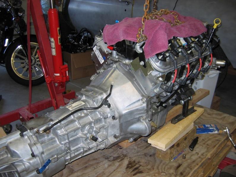 Engine and T56 mated and ready to stab into the engine bay. This was a few weeks prior to the Car Craft Project Car pics.